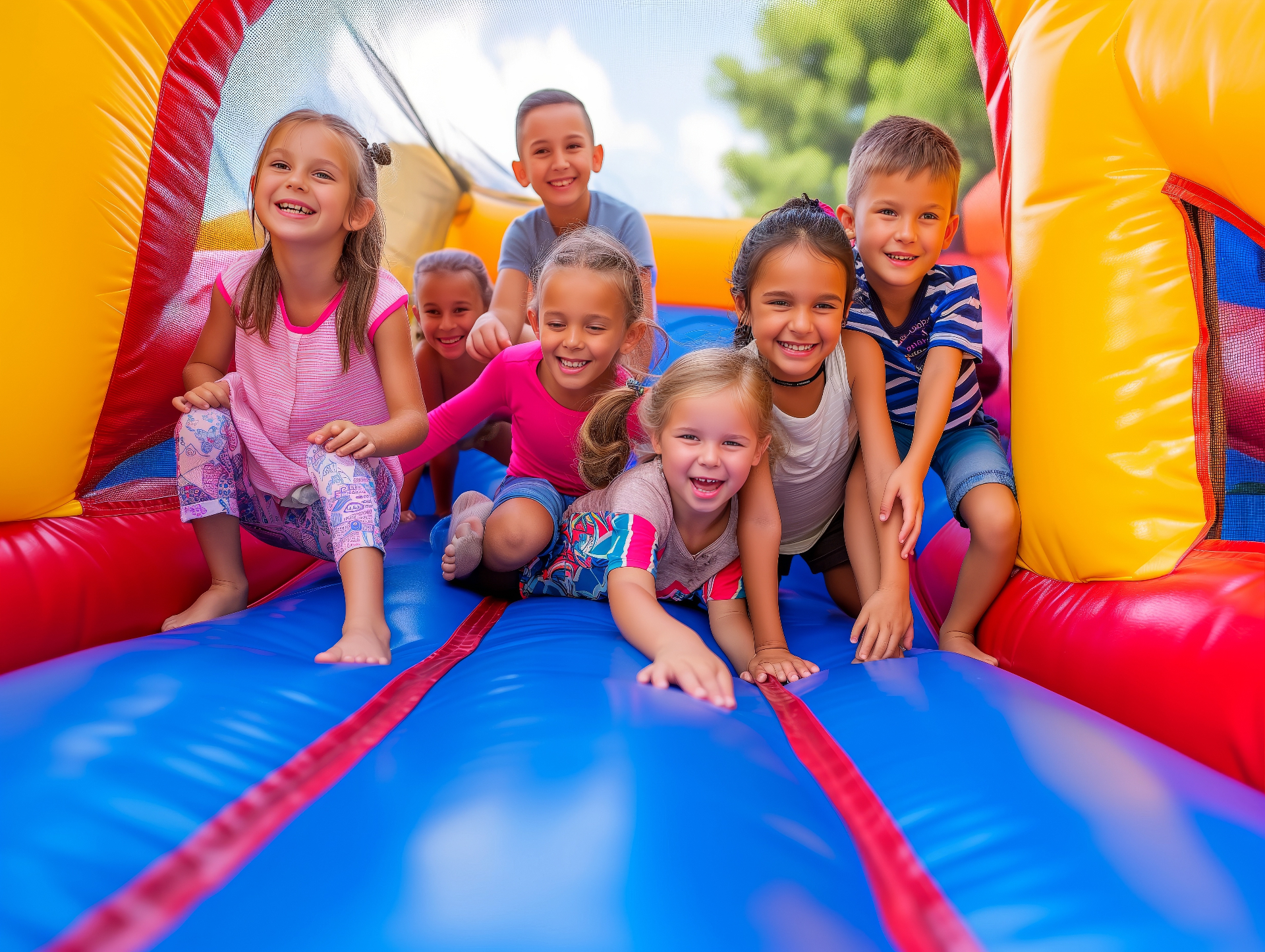 Students enjoying inflatable slide at East Orlando school event